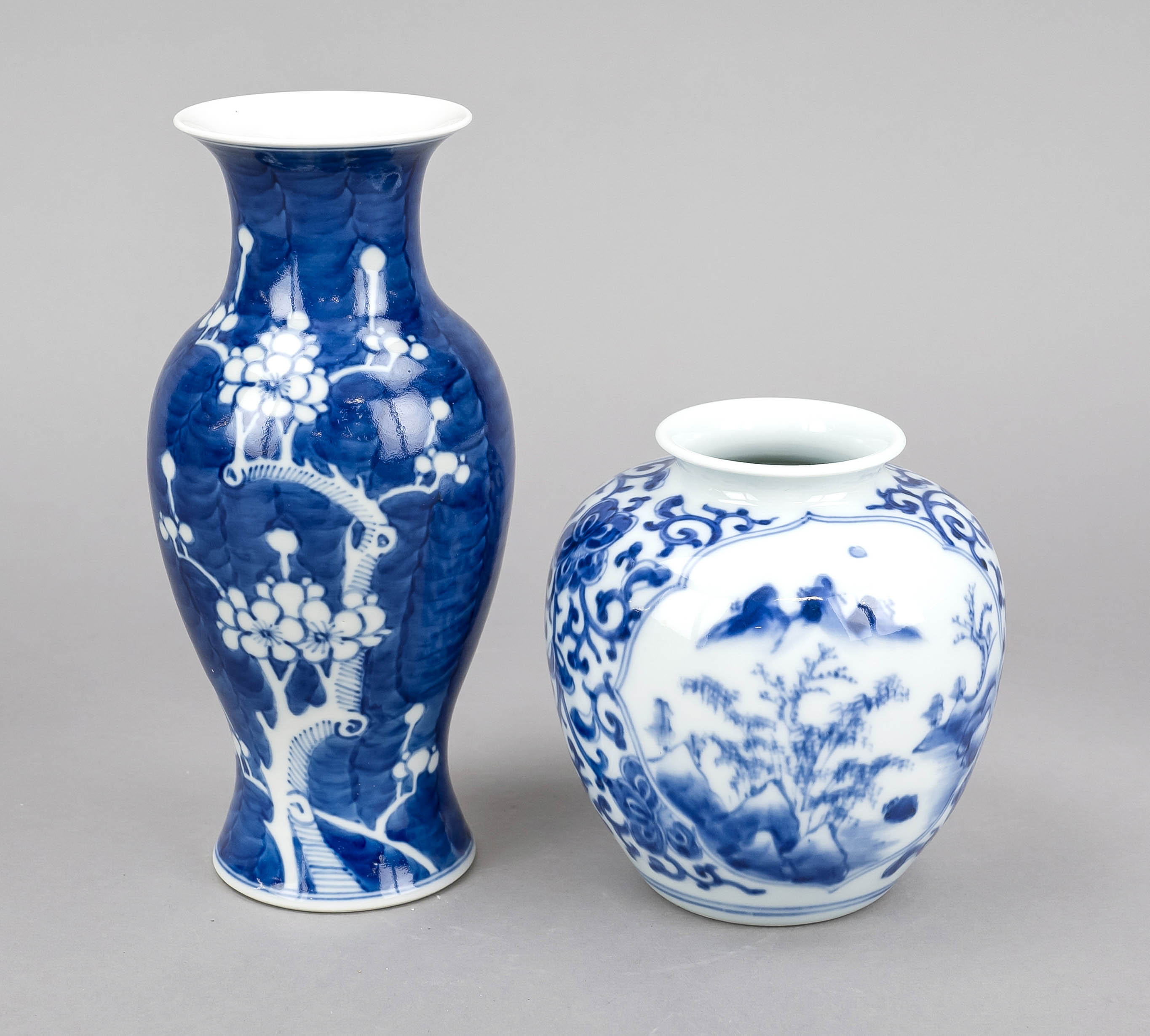 2 vases, China, 19th/20th century, 1 small prunus vase with surrounding cobalt blue decoration, a