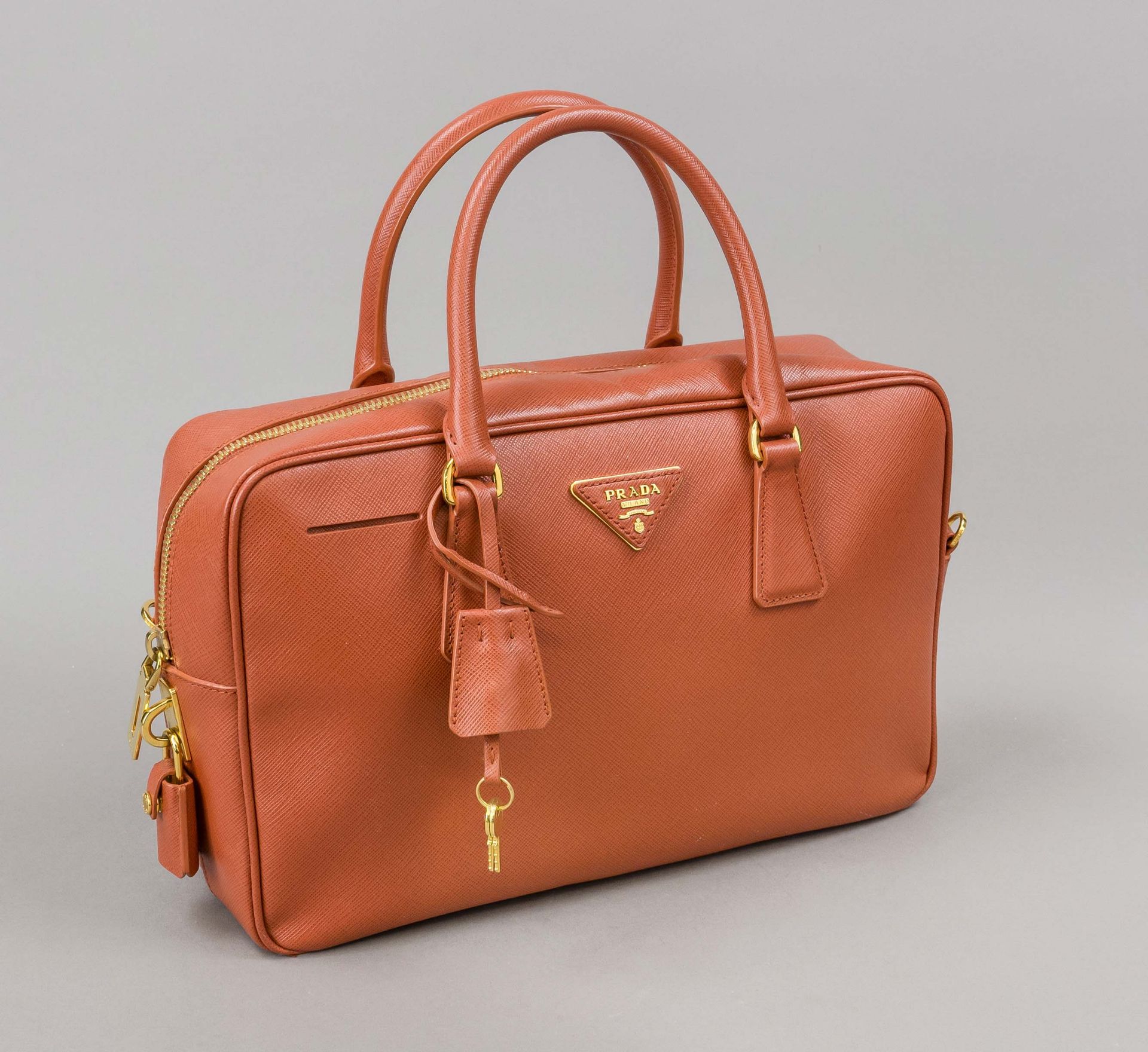 Prada, Orange Saffiano Lux Leather Tote Bag, rust-colored textured Saffiano leather, gold-colored