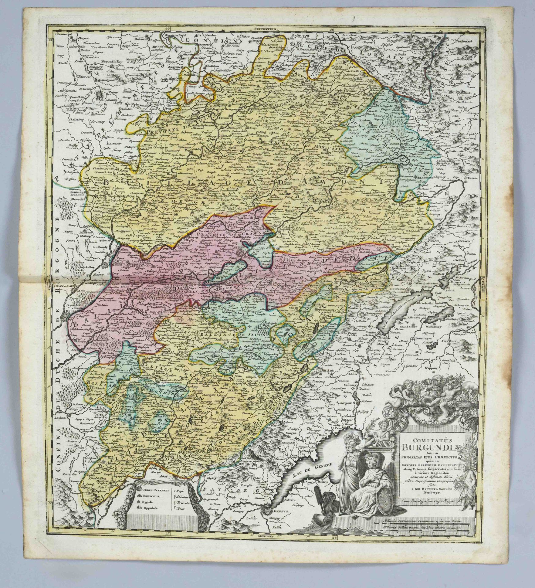 Historical map of Burgundy / France, ''Comitatus Burgundiae...'', partly col. Copper engraving by