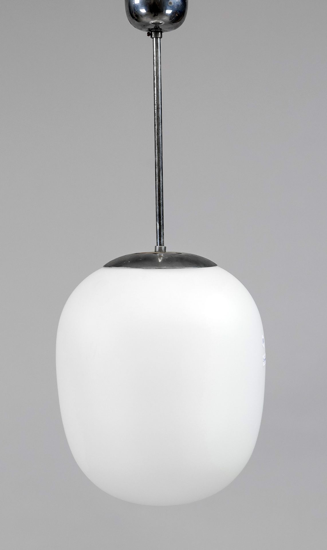 Ceiling lamp, 1st half 20th century, chrome-plated ceiling part, egg-shaped shade of etched glass,