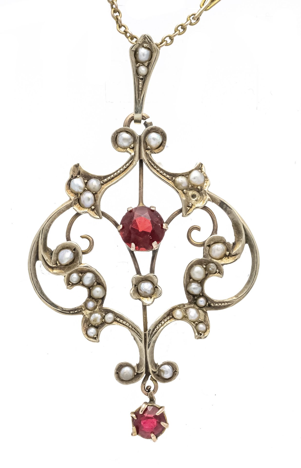 Oriental pearl pendant GG 375/000 (9 CT.) with Oriental pearls and 2 faceted red colored stones,