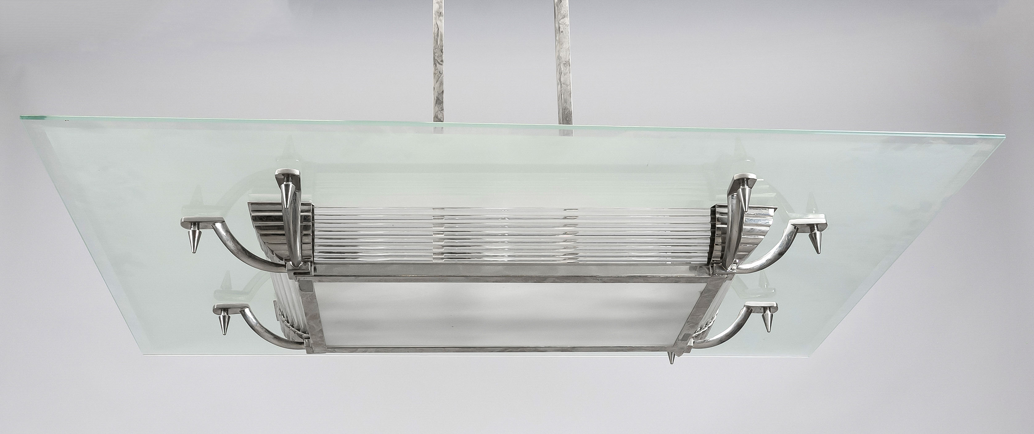 Large Art Deco style ceiling lamp, 20th century Chrome-plated frame with horizontal glass rods.