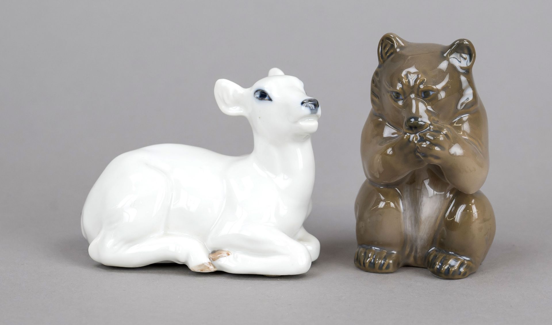 Bear and deer, Royal Copenhagen, 20th century, designed by Knut Kyhn, incised monogram, feeding