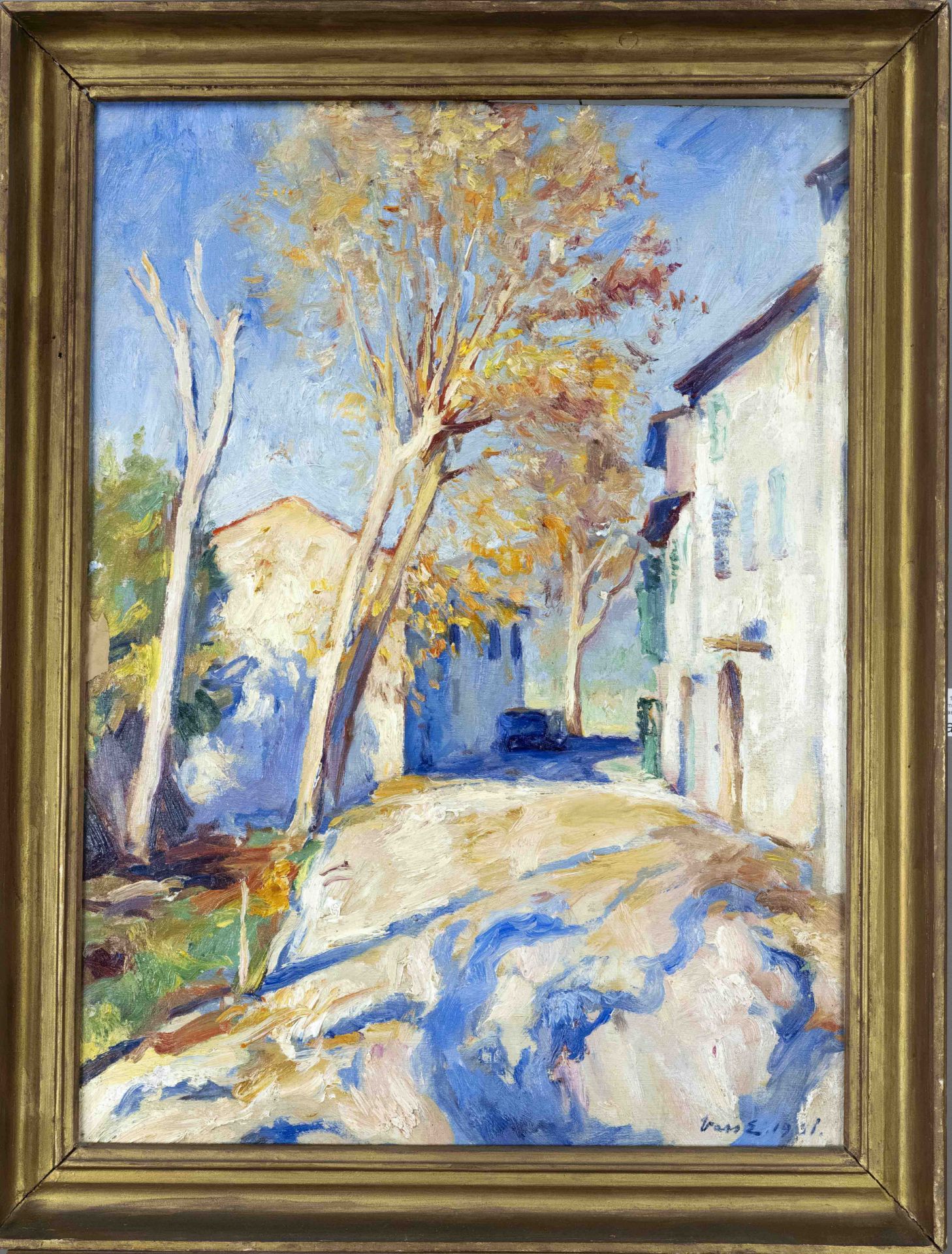 Elemer Vass (1887-1957), Hungarian painter, Impressionist village alley in France, oil on plywood,