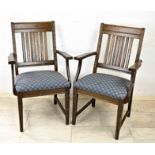 Set of 2 armchairs, circa 1920, solid oak, upholstered seat with blue diamond cover, 98 x 61 x 53 cm