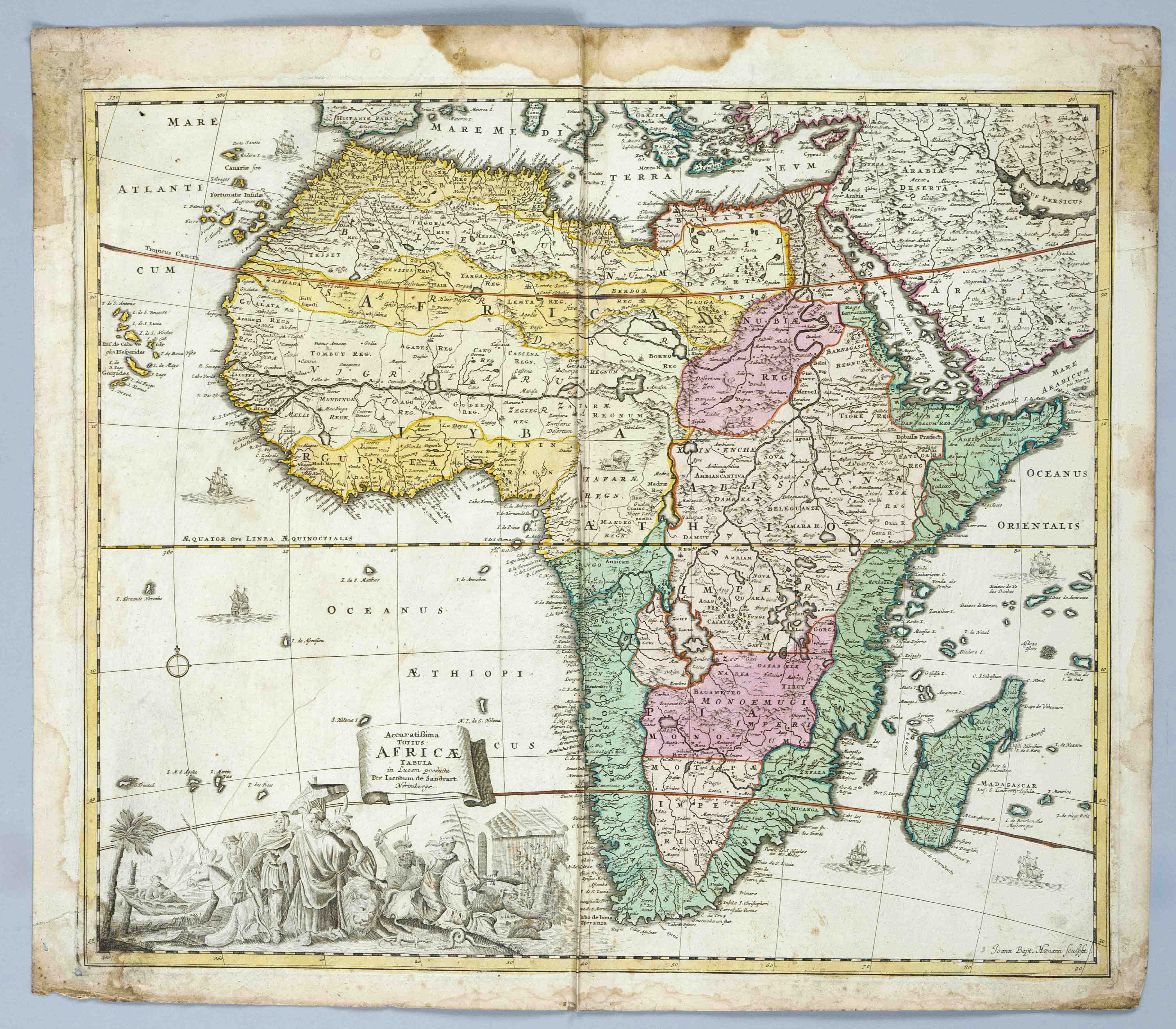 Historical map of Africa, ''Accuratißima totius Africae tabula...'', partly col. Copper engraved map