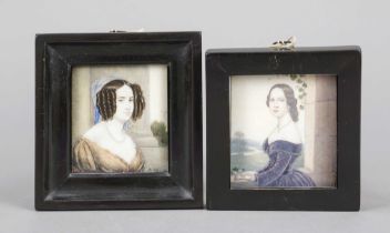 Pair of rectangular miniatures, 19th century, polychrome tempera painting on bone panel. Woman