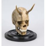 Memento Mori object (mariage). Skull carved from wood with teeth probably made of bone and horns