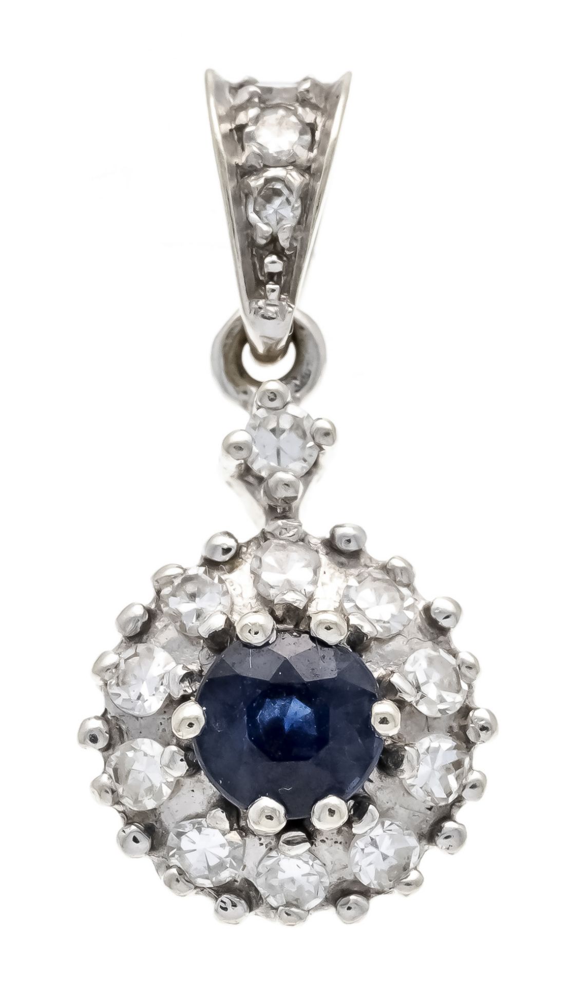 Sapphire-diamond pendant WG 585/000 with a round faceted sapphire 4.5 mm (possibly synth.) dark