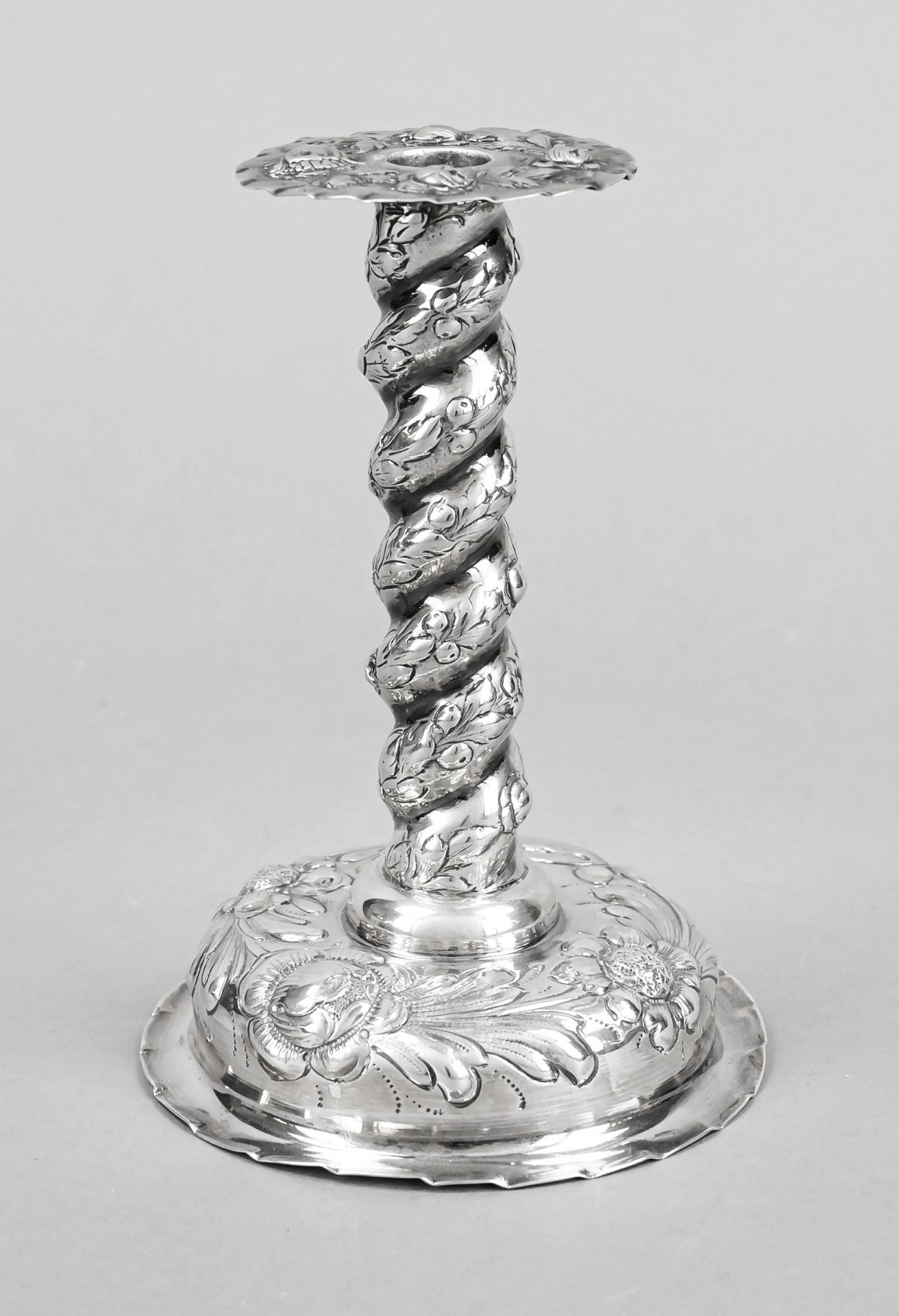 Candlestick, German, 20th century, Hanau (?), silver 800/000, Baroque style, round domed stand,