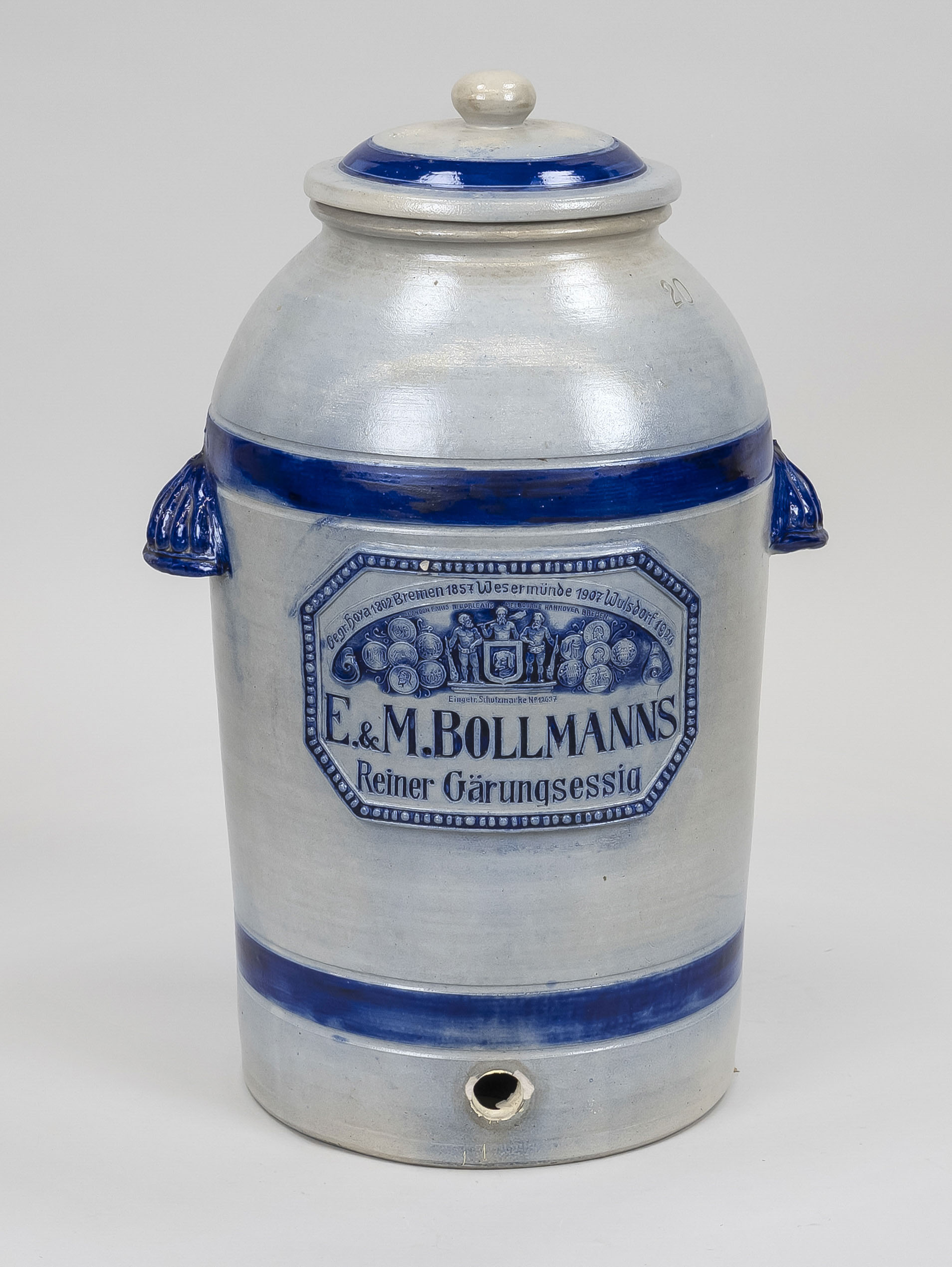 Vinegar pot, Germany (Bremen), probably 1926, stoneware with cobalt blue rings, label with