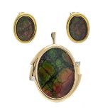 2-piece ammolite set GG/WG 585/000, ear clips GG 585/000 unstamped, tested, with 3 oval ammolite