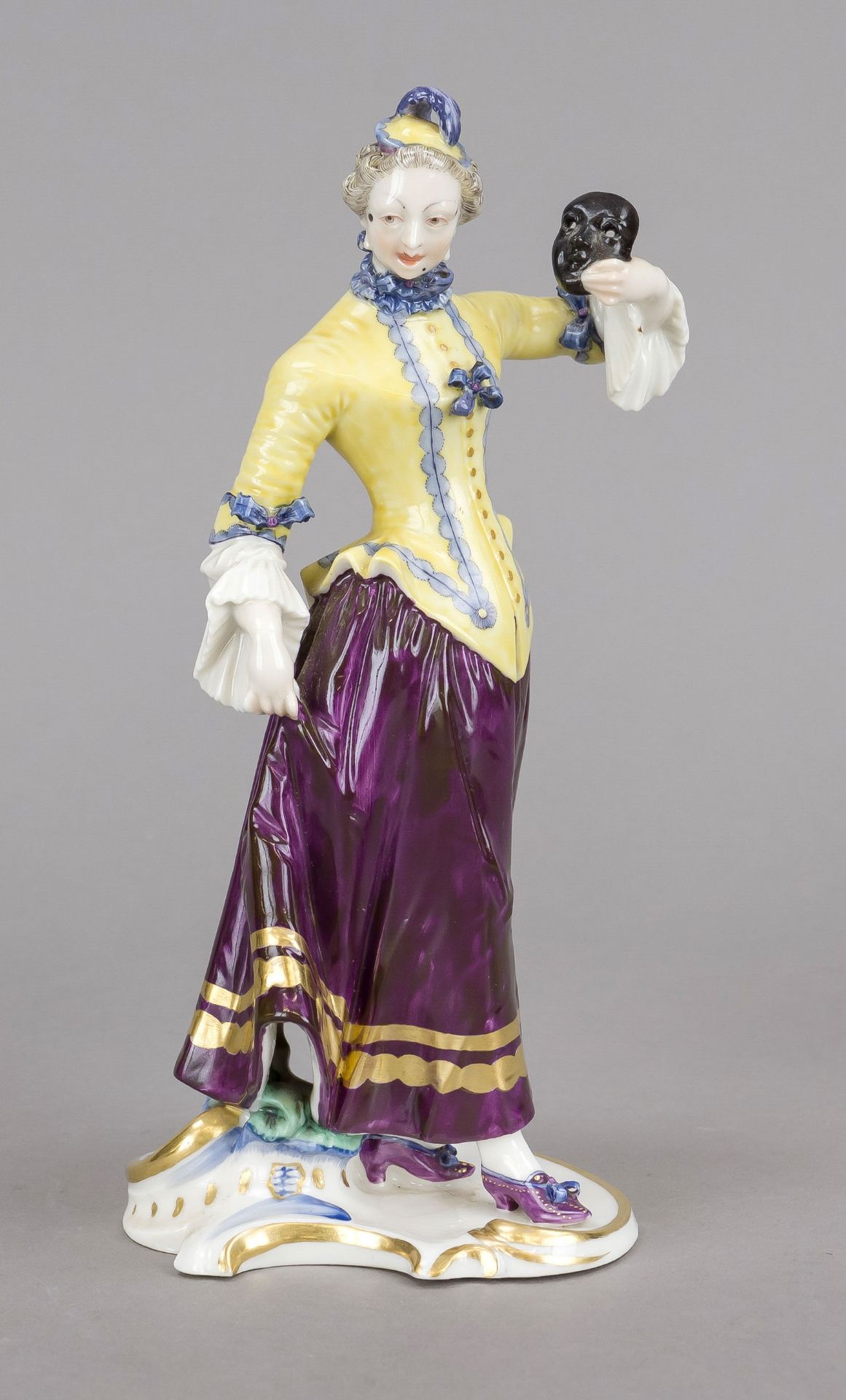Columbine, Nymphenburg, 20th century, elegant actress with mask in hand, from the Comedia del'arte