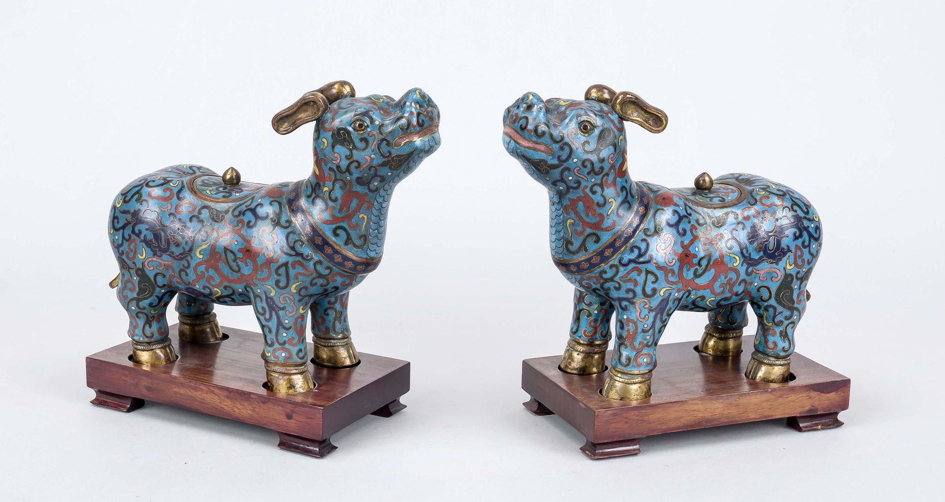 Pair of cloisonné lidded vessels, China 18th/19th century (Qing). Standing bulls? Decorated all