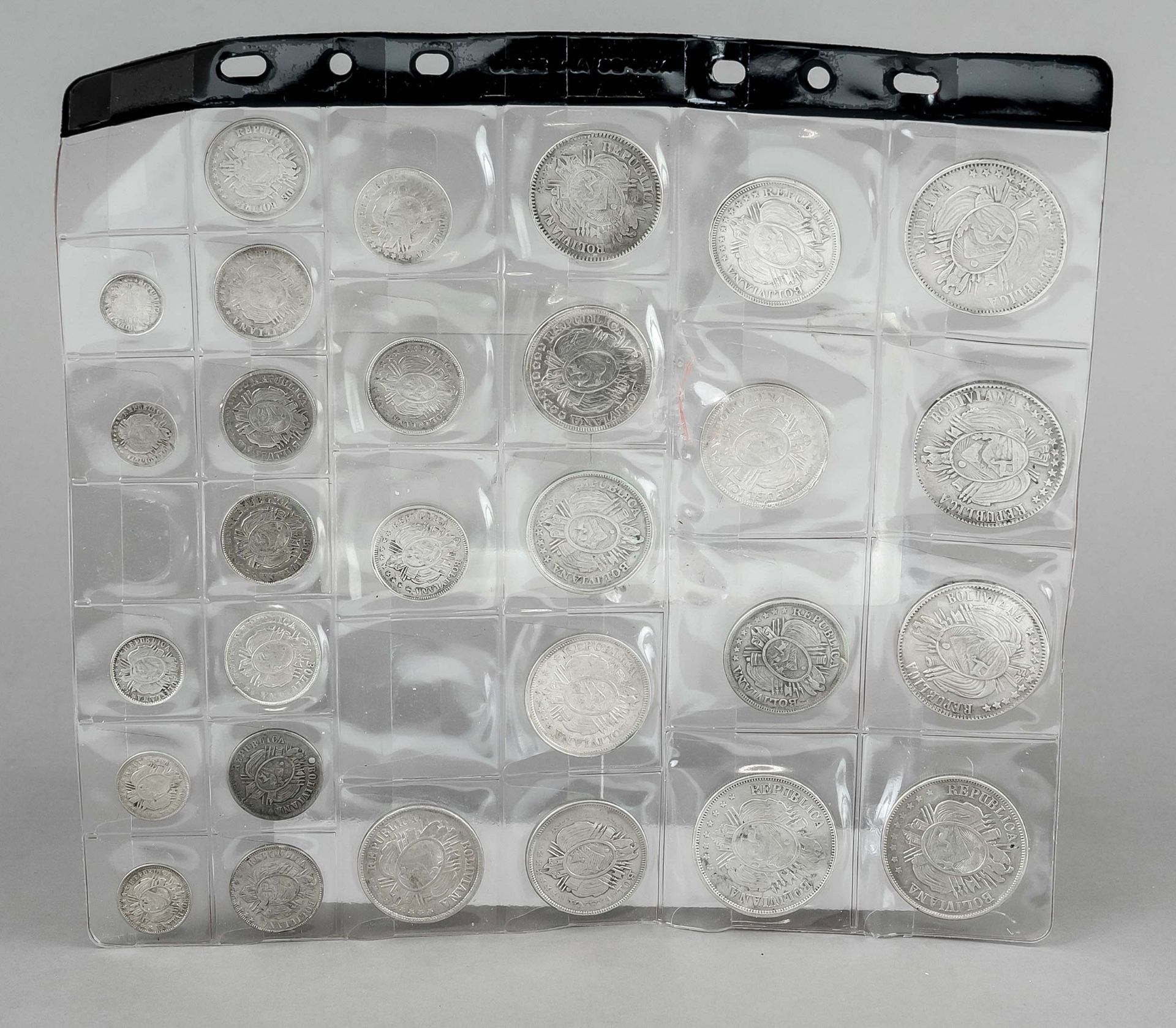 Set of Bolivian coins, 29 pieces, 19th century, silver sieves Various years and denominations,