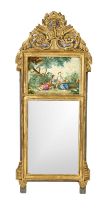 Wall mirror in neoclassical style, 20th century, carved gilded wooden frame, painted love scene