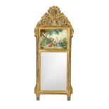 Wall mirror in neoclassical style, 20th century, carved gilded wooden frame, painted love scene