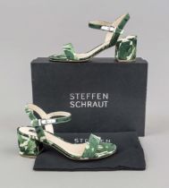 Steffen Schraut, summery sandals with block heel, slightly shiny fabric with leaf print in various