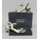 Steffen Schraut, summery sandals with block heel, slightly shiny fabric with leaf print in various