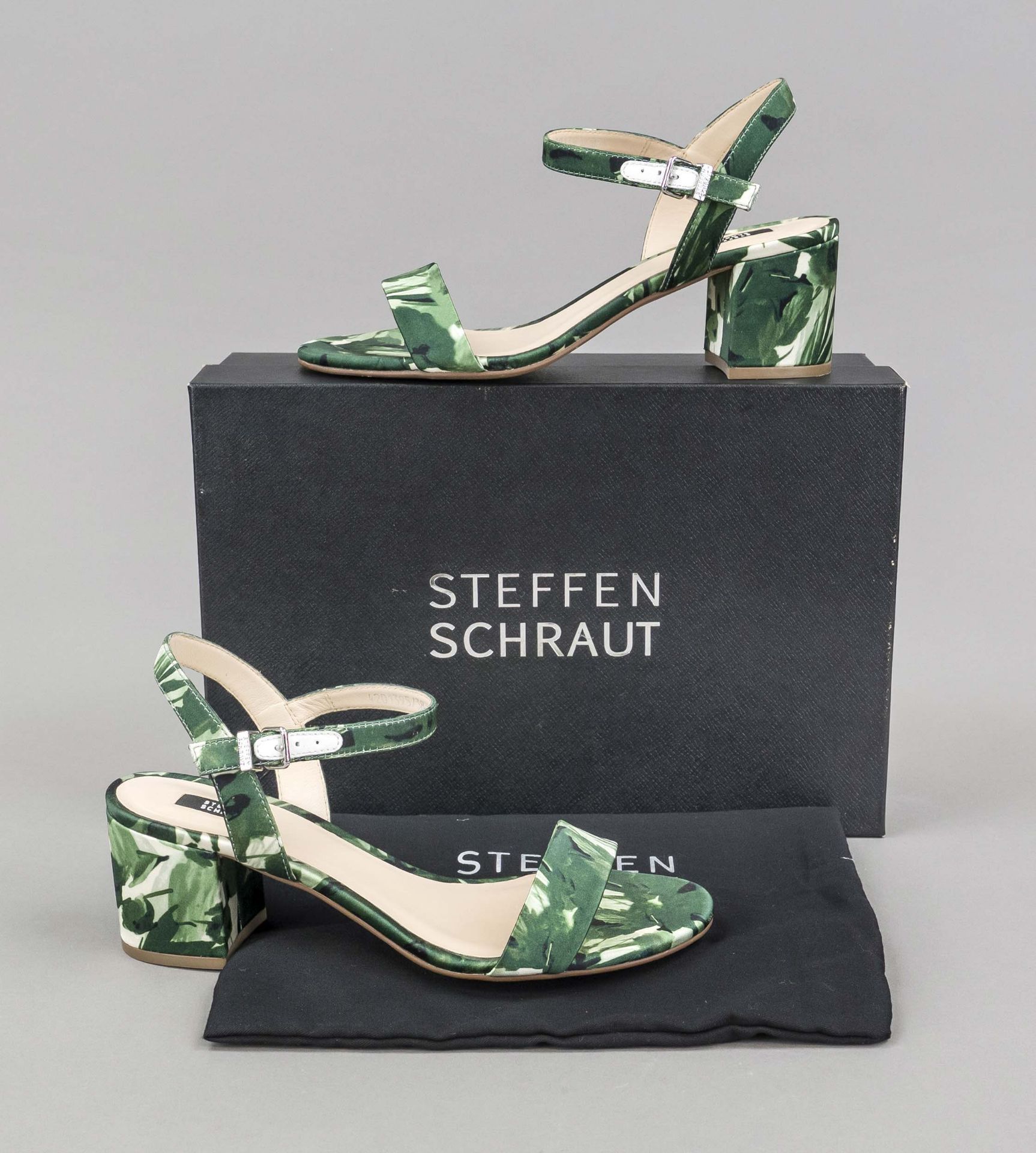 Steffen Schraut, summery sandals with block heel, slightly shiny fabric with leaf print in various