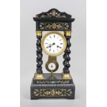 Portal clock, ebonized wood, 2nd half 19th century, with stone and brass inlays, one strip missing