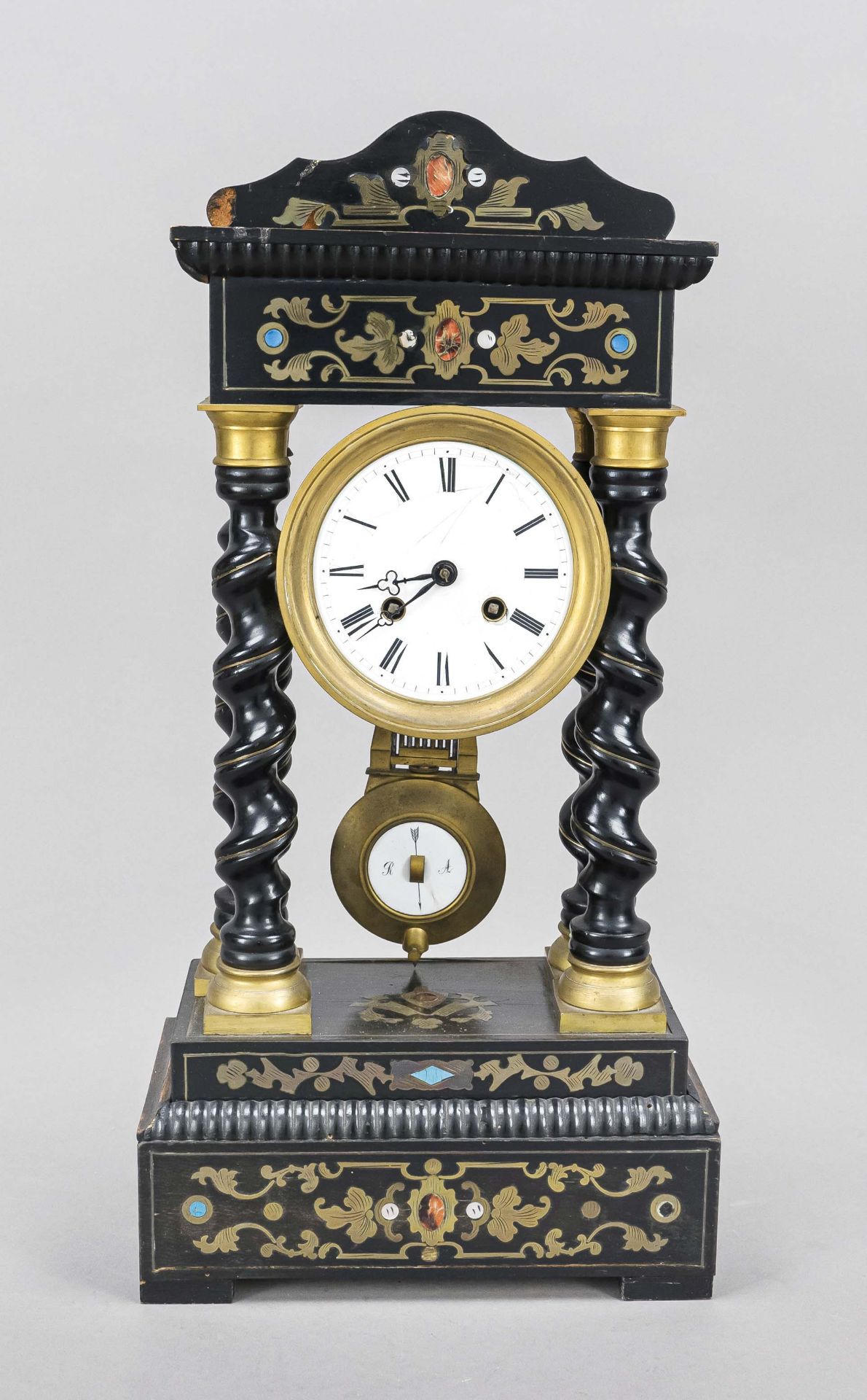 Portal clock, ebonized wood, 2nd half 19th century, with stone and brass inlays, one strip missing