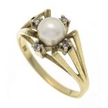 Pearl diamond ring GG 585/000 with a cream-colored Akoya pearl with few natural features 5.7 mm