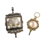 2 antique pocket watch keys - large, with medallion, with hair art on both sides, 19th century,