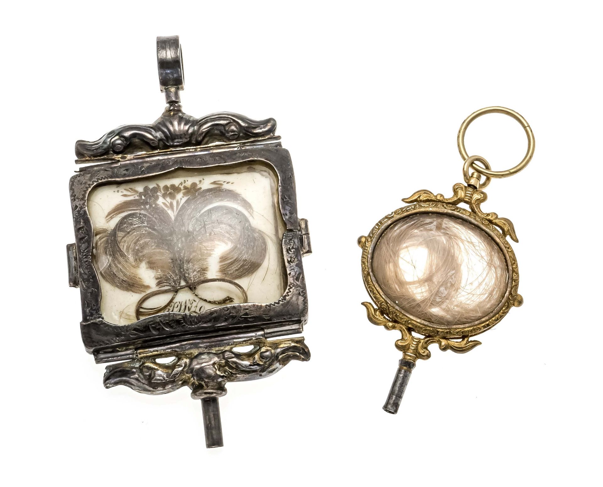 2 antique pocket watch keys - large, with medallion, with hair art on both sides, 19th century,