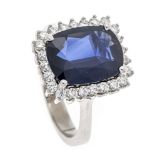 Sapphire-brilliant ring WG 750/000 with an excellent antique-cut faceted sapphire 3.8 ct, darker
