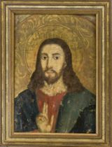 Icon, image of Christ Pantorkrator, Russia/Greece? Polychrome and gold on wooden panel. rubbed &
