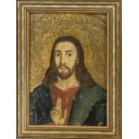 Icon, image of Christ Pantorkrator, Russia/Greece? Polychrome and gold on wooden panel. rubbed &