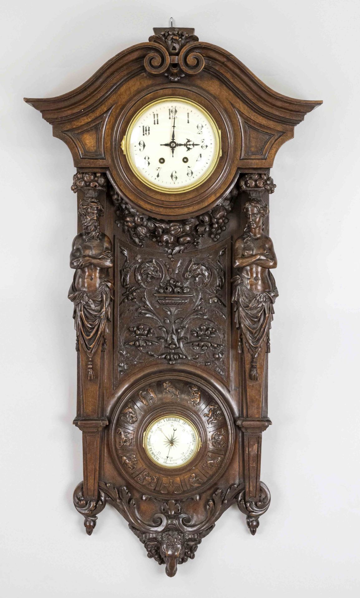 large oak wall clock, circa 1900, with clock and barometer, the lower part of the barometer closed