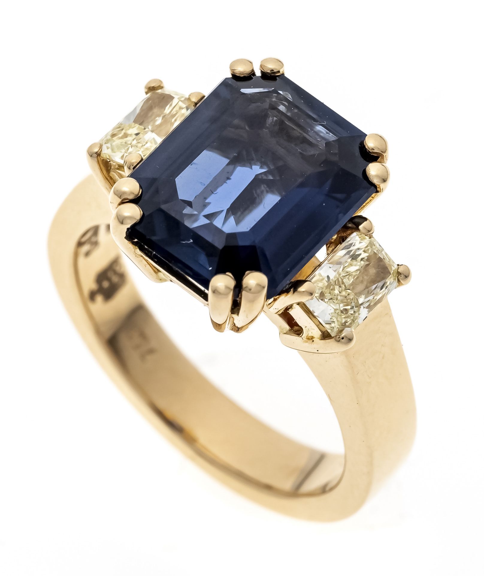 Schupp Sapphire Fancy Diamond Ring GG 750/000 with an excellent, unheated, emerald-cut faceted