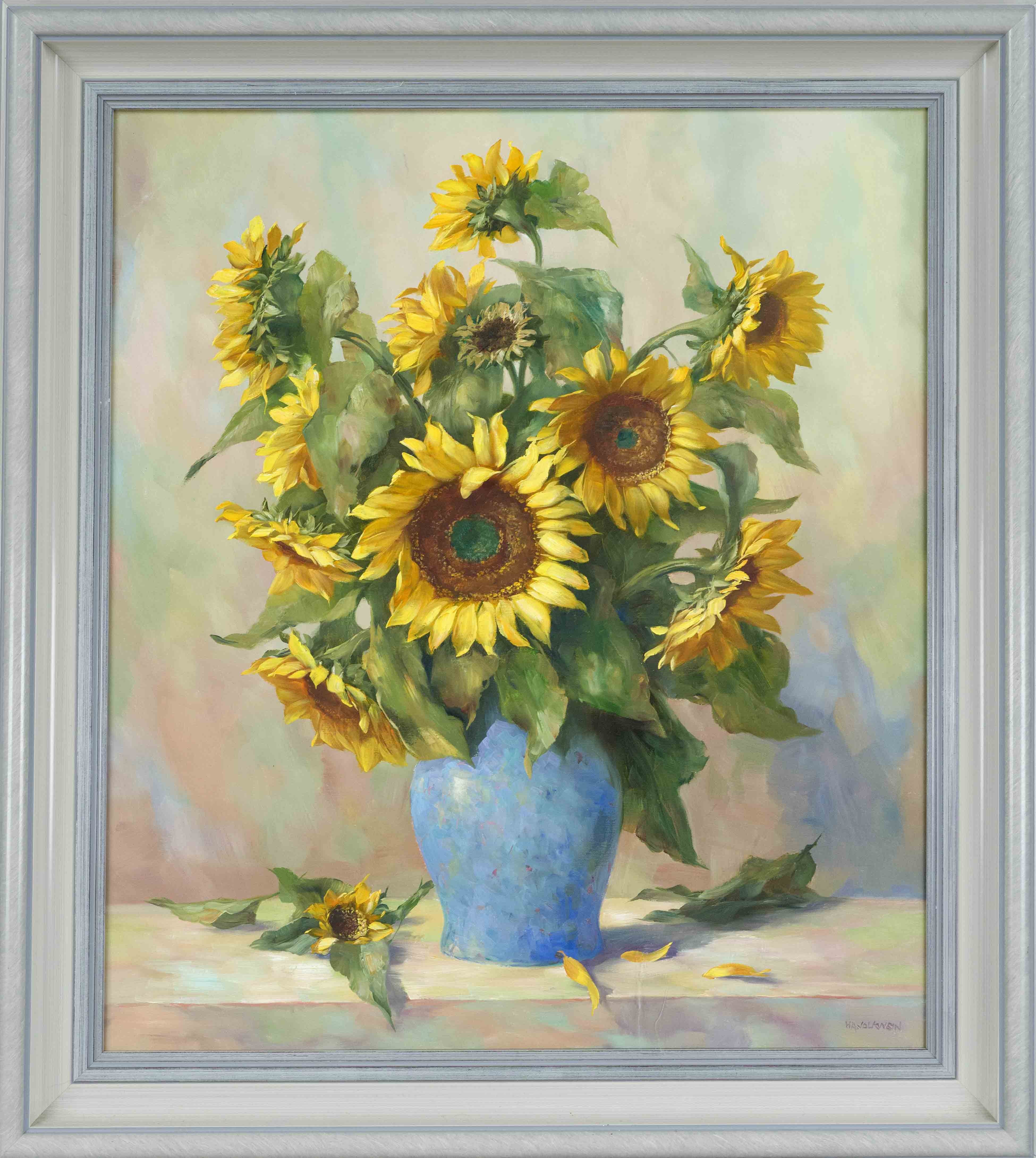 Unidentified painter late 20th century, Sunflowers in a blue vase, oil on canvas, indistinctly