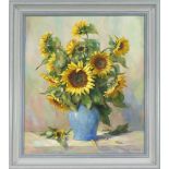 Unidentified painter late 20th century, Sunflowers in a blue vase, oil on canvas, indistinctly