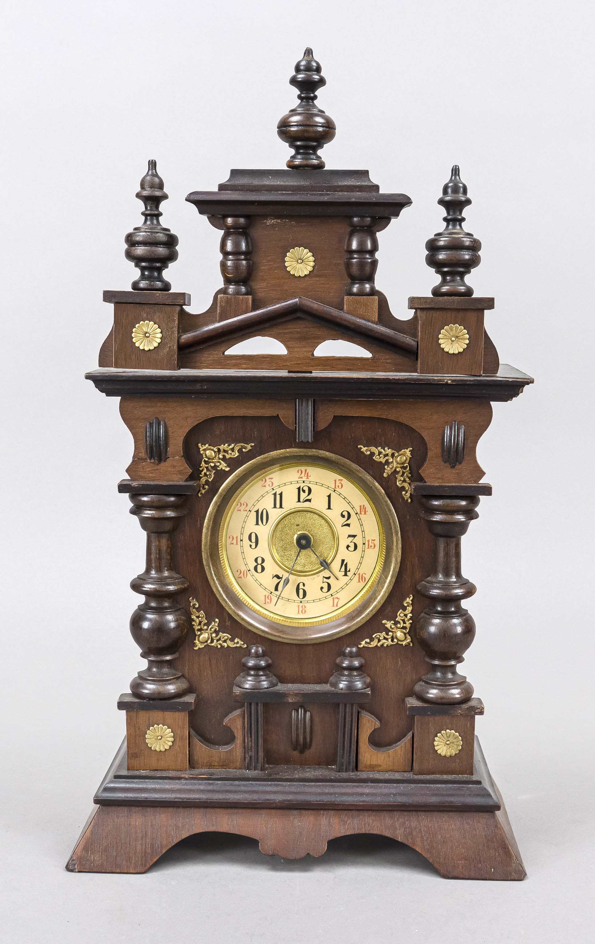 Biedermeier table clock, wood, oak, architectural design with gabled top, with applied gilt bronze