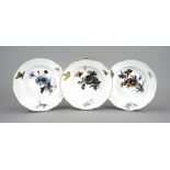 Three deep plates, Meissen, Knaufschwerter 1850-1924, 1st choice, Old Osier form, polychrome