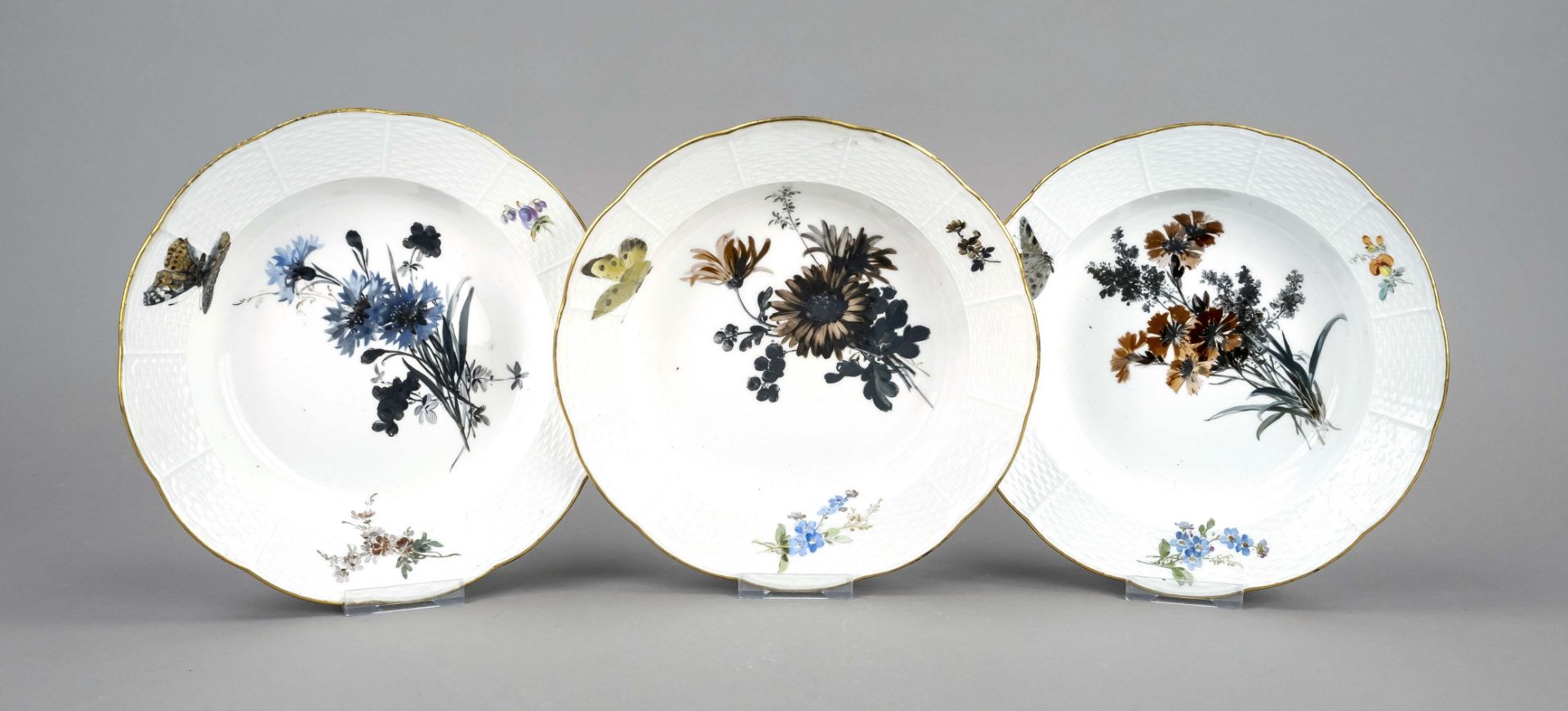 Three deep plates, Meissen, Knaufschwerter 1850-1924, 1st choice, Old Osier form, polychrome