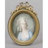 Miniature, 19th century, polychrome tempera painting on bone plate, unopened, oval portrait of