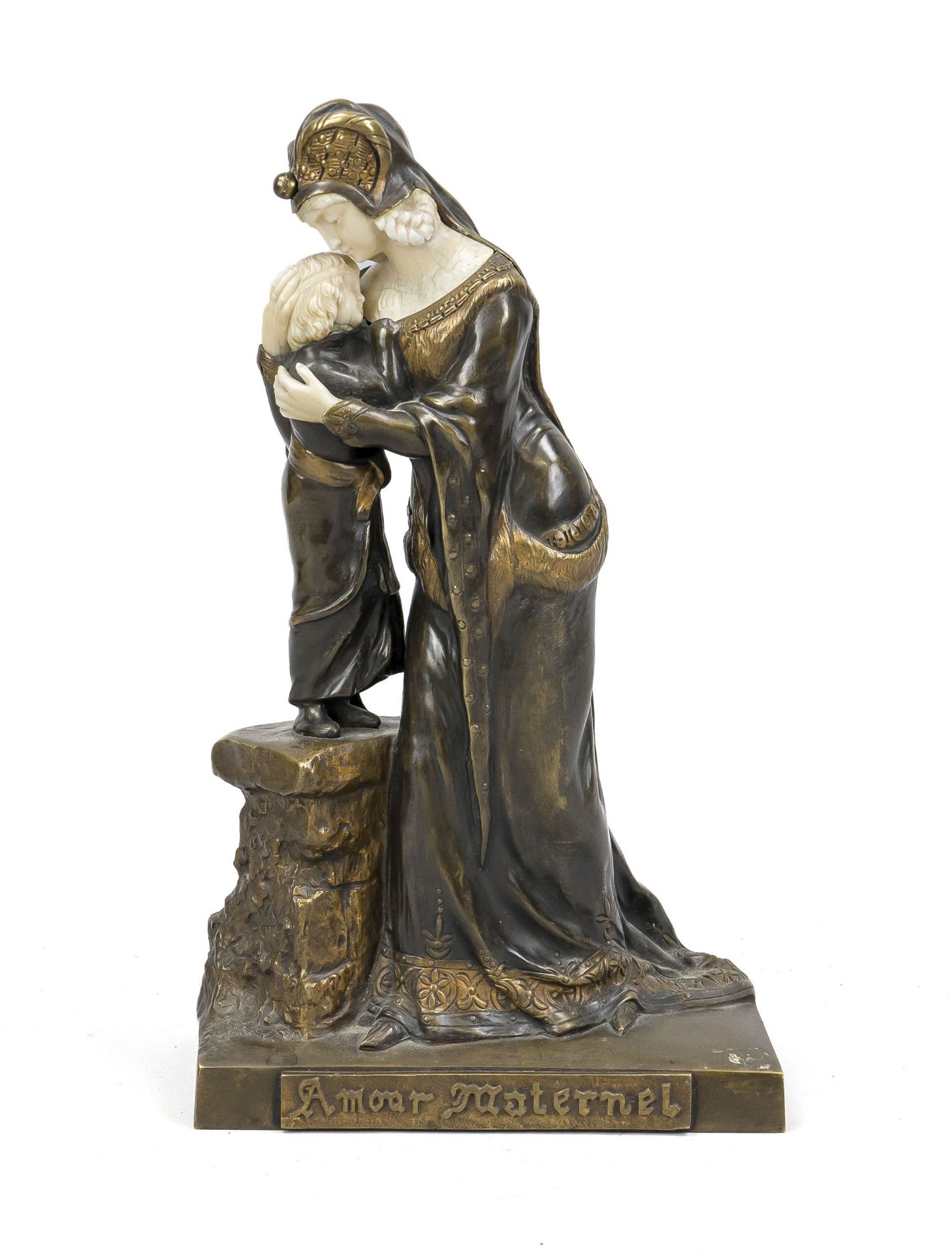 Maurice Constant Favre (1875-1915), ''Amour maternel'', patinated bronze and bone, signed on the