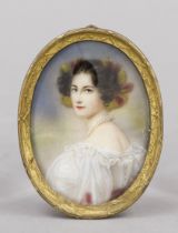 Miniature, 19th century, polychrome tempera painting on bone plate, unopened, oval portrait of