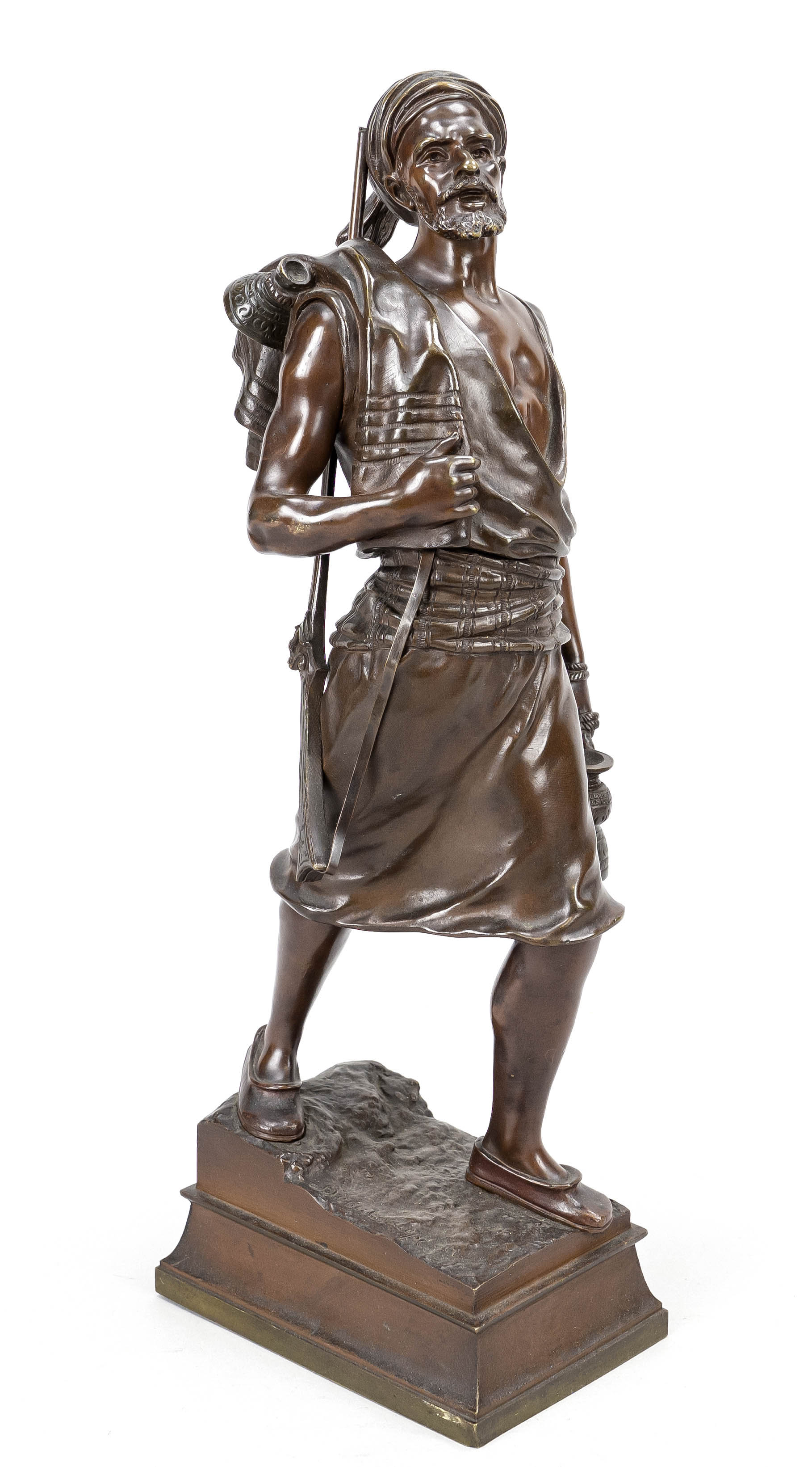 Jean Didier Debut (1824-1893), singing Arab with shouldered rifle and jugs, brown patinated bronze