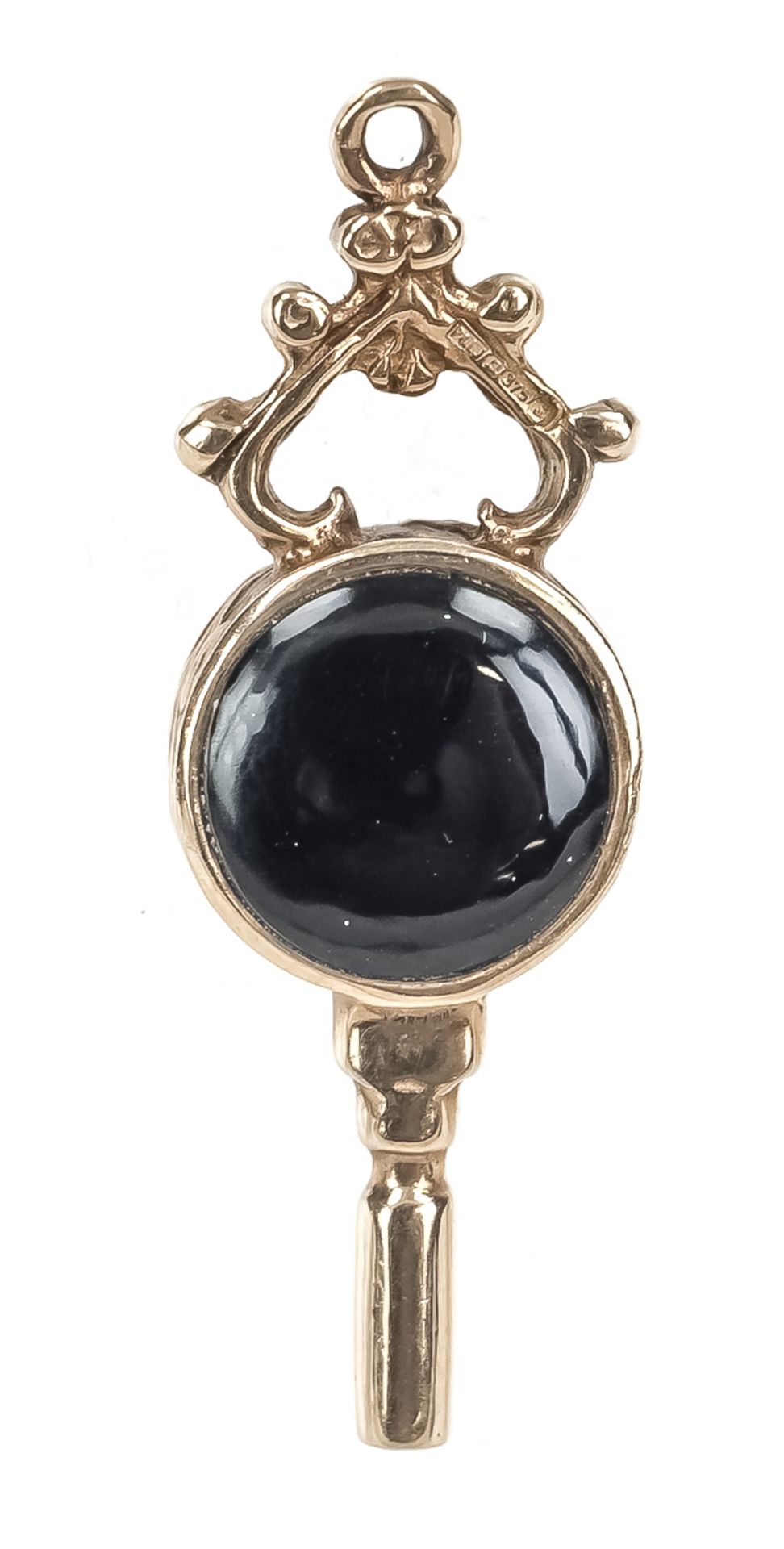 antique pocket watch key, GG 375 - 9ct., 19th century, with onyx and jasper, length 3cm, weight