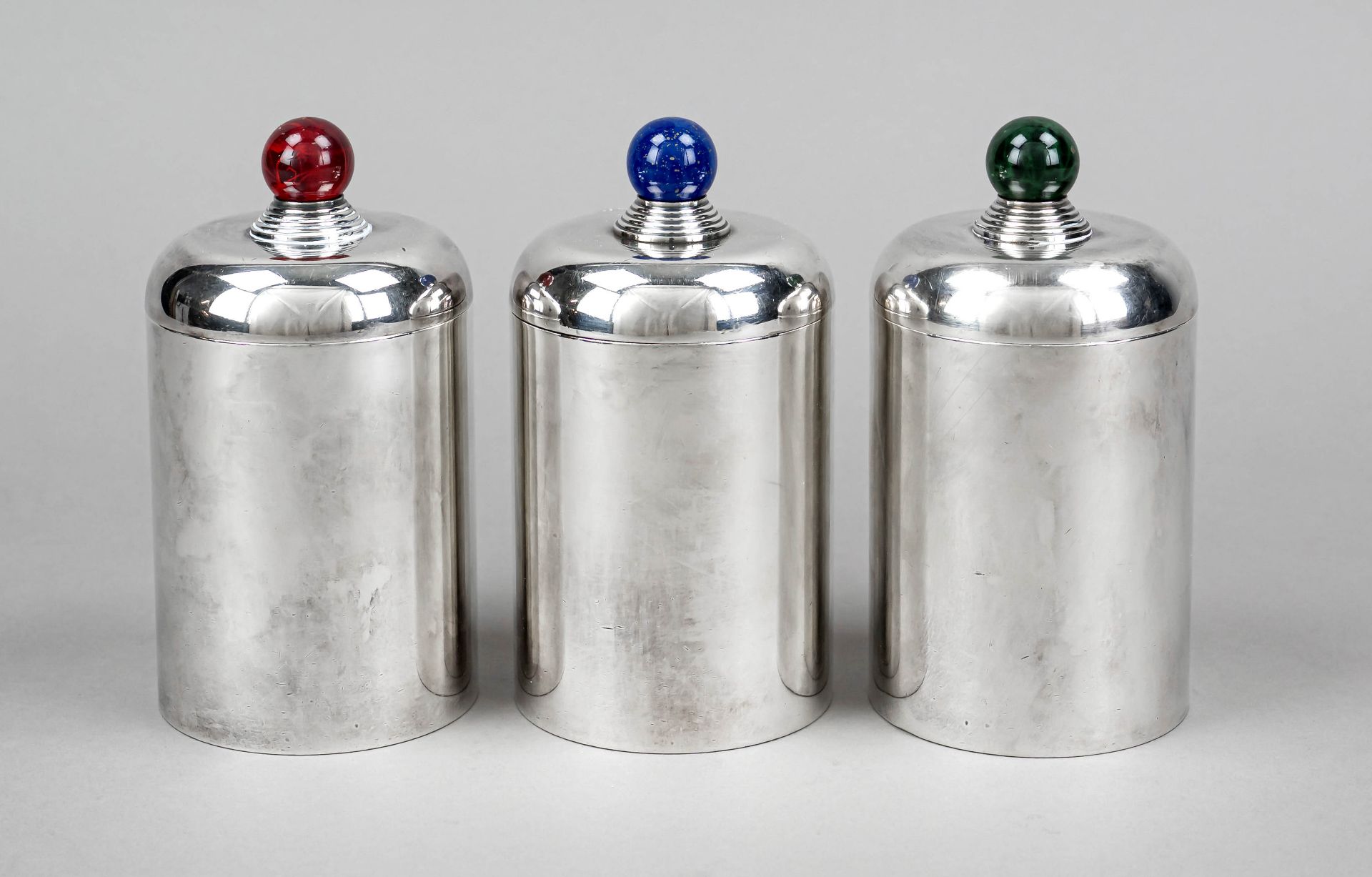 Three cylindrical lidded jars in Art Deco style, France, 20th century, master's mark Puiforcat,