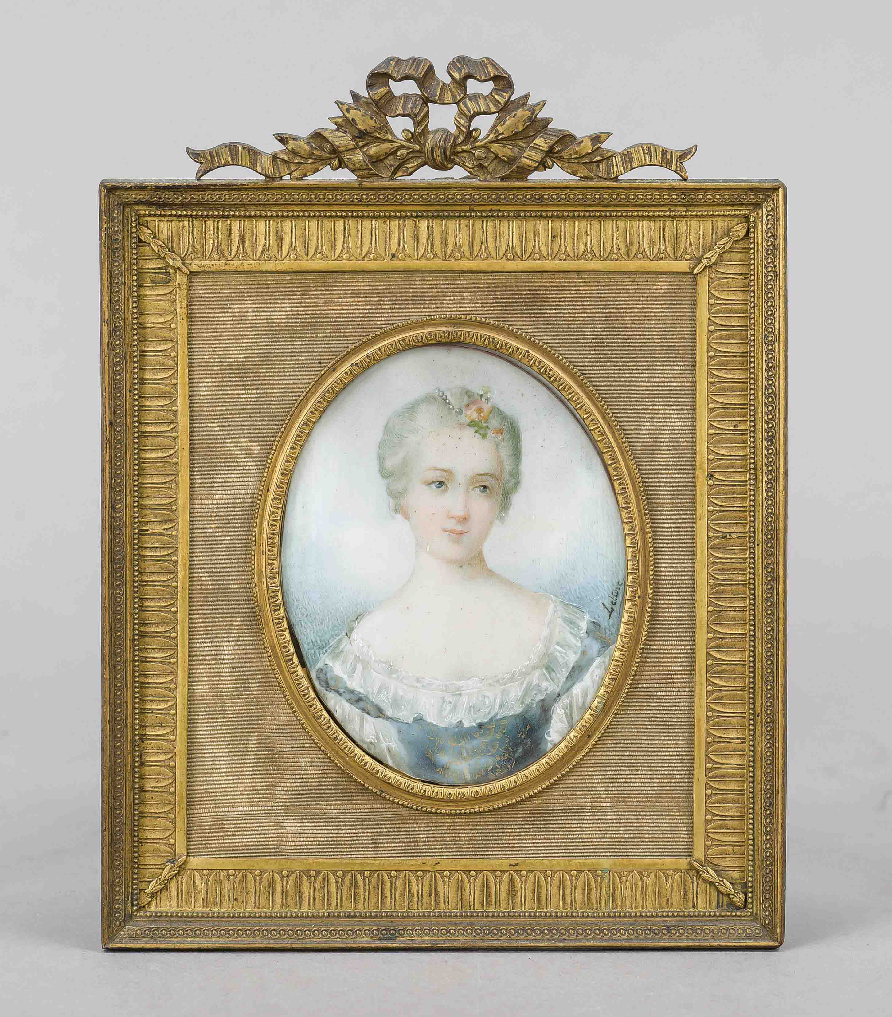 Miniature, 19th century, polychrome tempera painting on bone plate, unopened, oval portrait of a