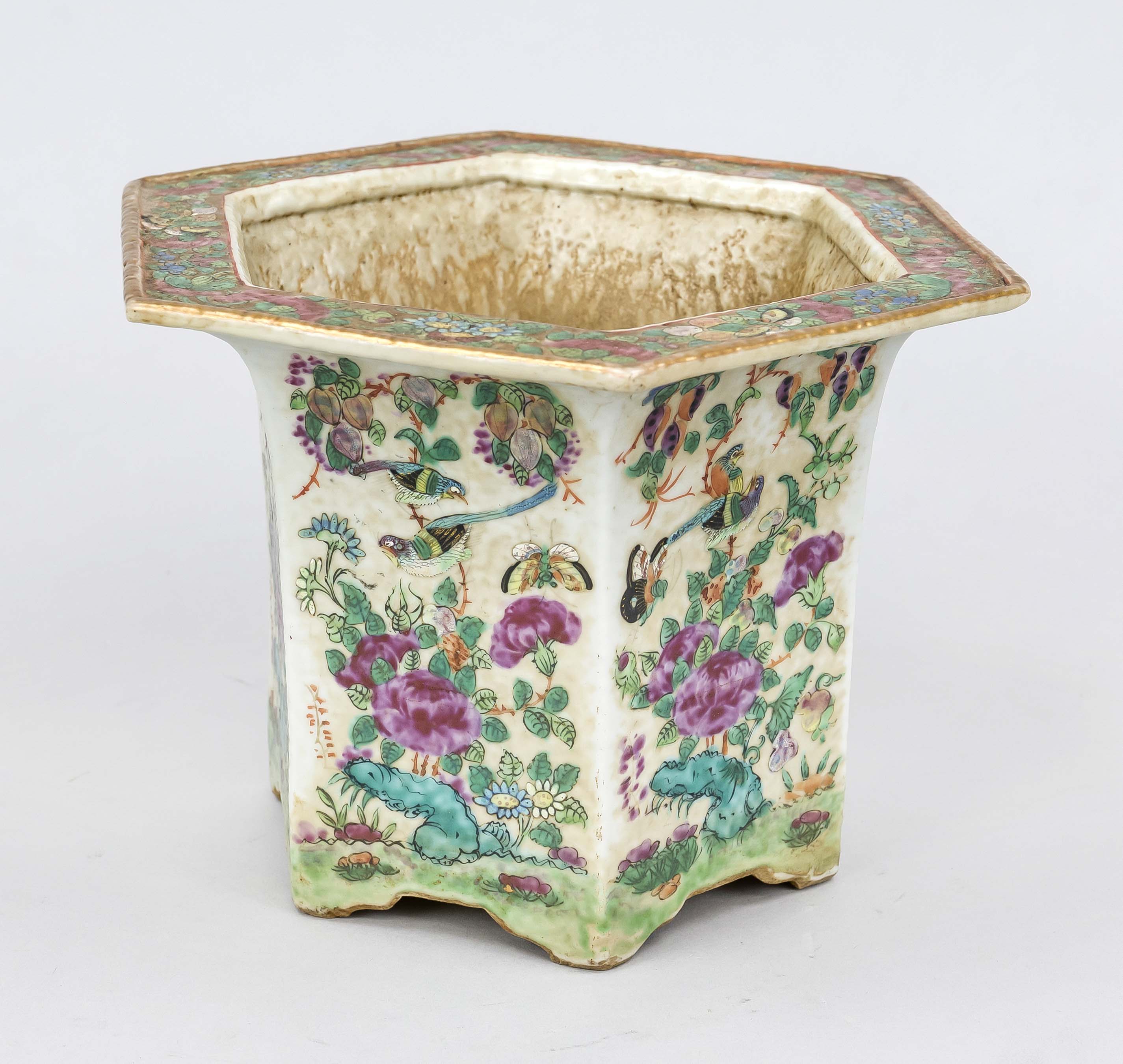 Hexagonal Famille Rose cachepot, China (Canton), 19th century (Qing). All sides decorated with birds