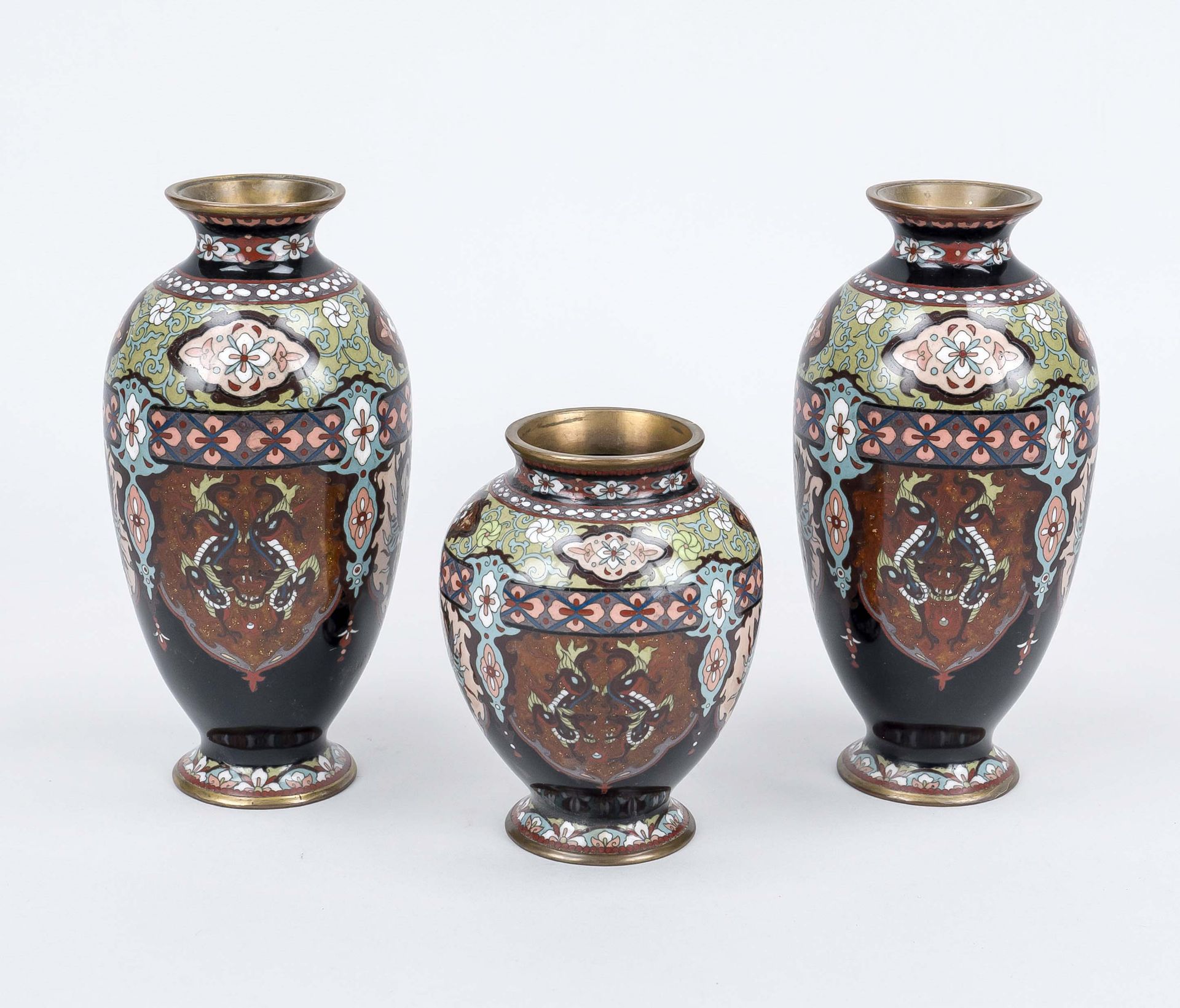 Cloisonné vase set, Japan c. 1900 (Meiji). A pair and a smaller one, rubbed and slightly chipped, h.