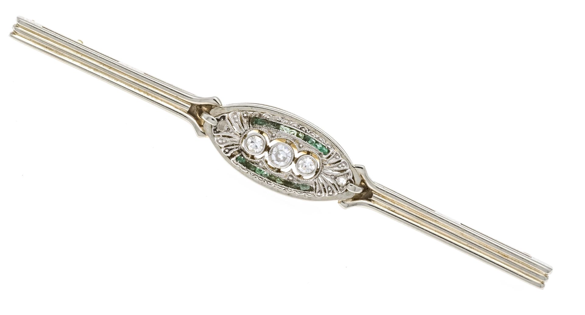 Old-cut diamond brooch WG/GG 585/000 with matching cut emerald carrées 0.9 mm, heavily chipped and 3