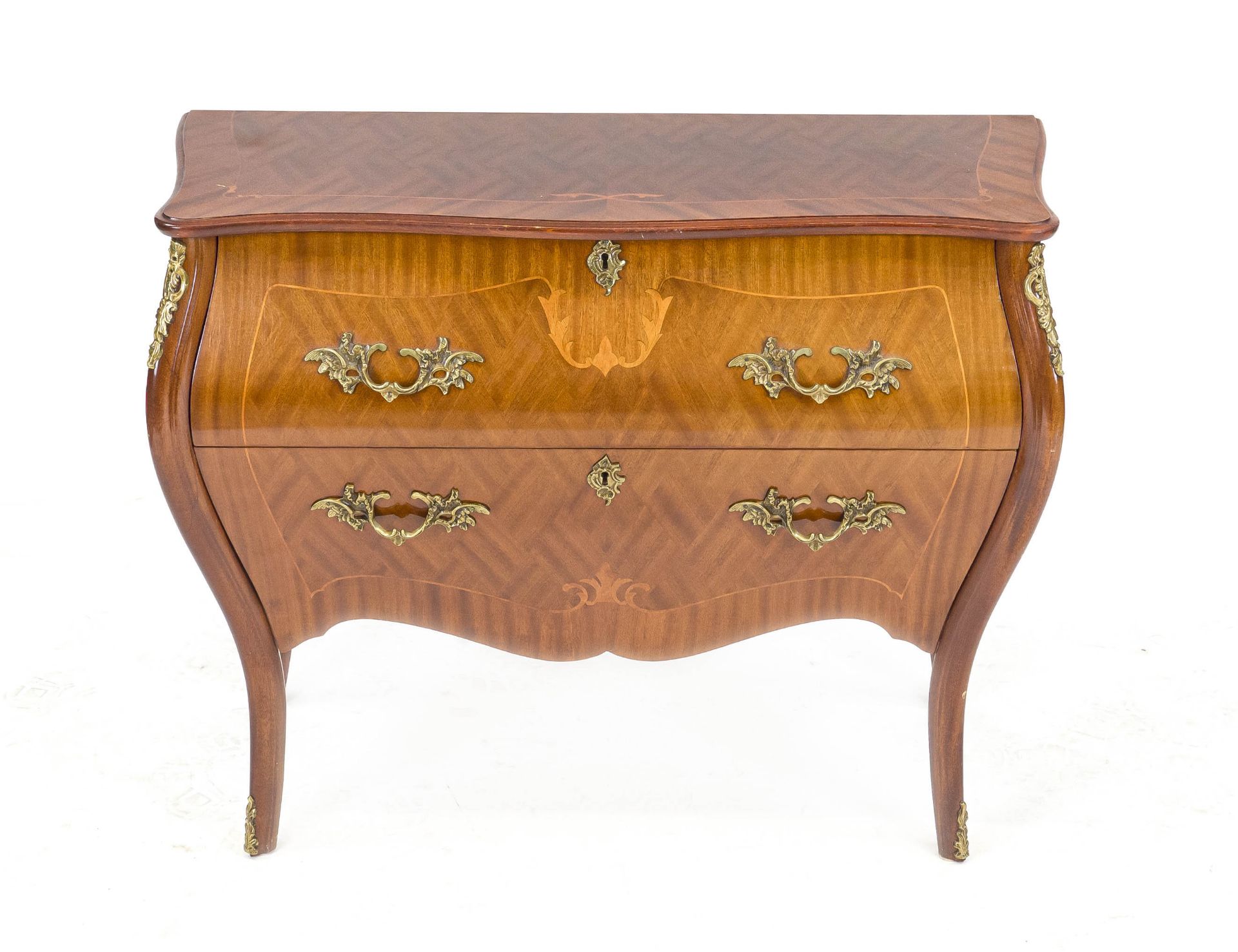 Baroque style chest of drawers, mid 20th century, mahogany veneer, framed diamond marquetry on all